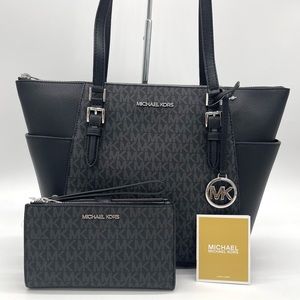 Michael Kors Large Charlotte Tote Bag & Double Zip Wallet Wristlet Black